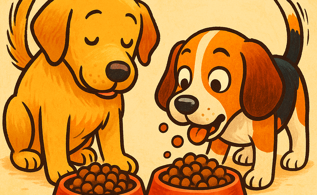 2 chiens mangent dans leur gamelle de croquettes