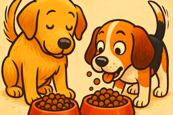 2 chiens mangent dans leur gamelle de croquettes