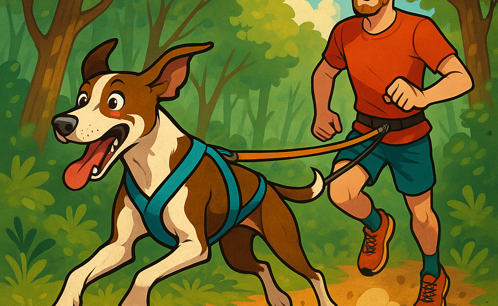 Un eurohound en pleine vitesse, son maitre avec ligne de canicross tendue en sous-bois