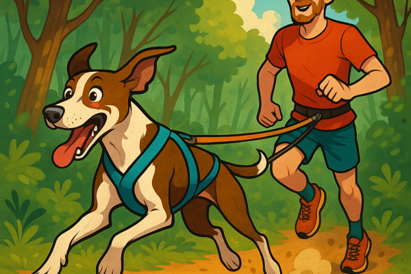 Un eurohound en pleine vitesse, son maitre avec ligne de canicross tendue en sous-bois