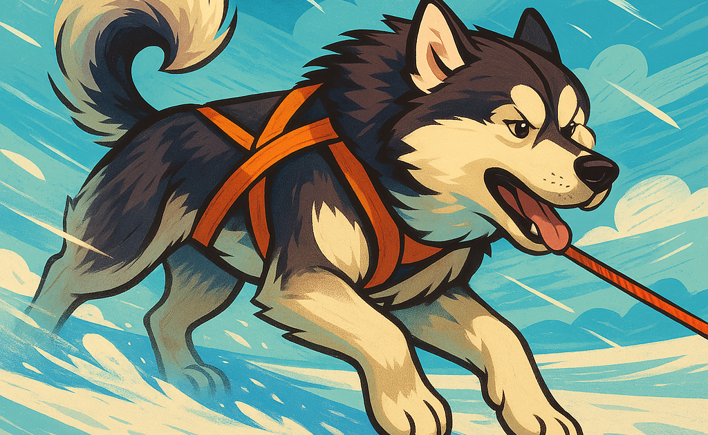 Un malamute puissant avance harnais tendu, large plateau battu par le vent