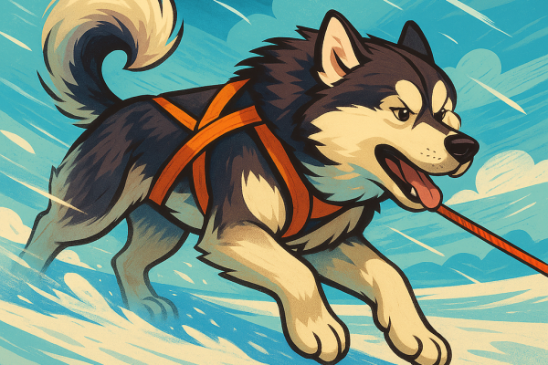 Un malamute puissant avance harnais tendu, large plateau battu par le vent