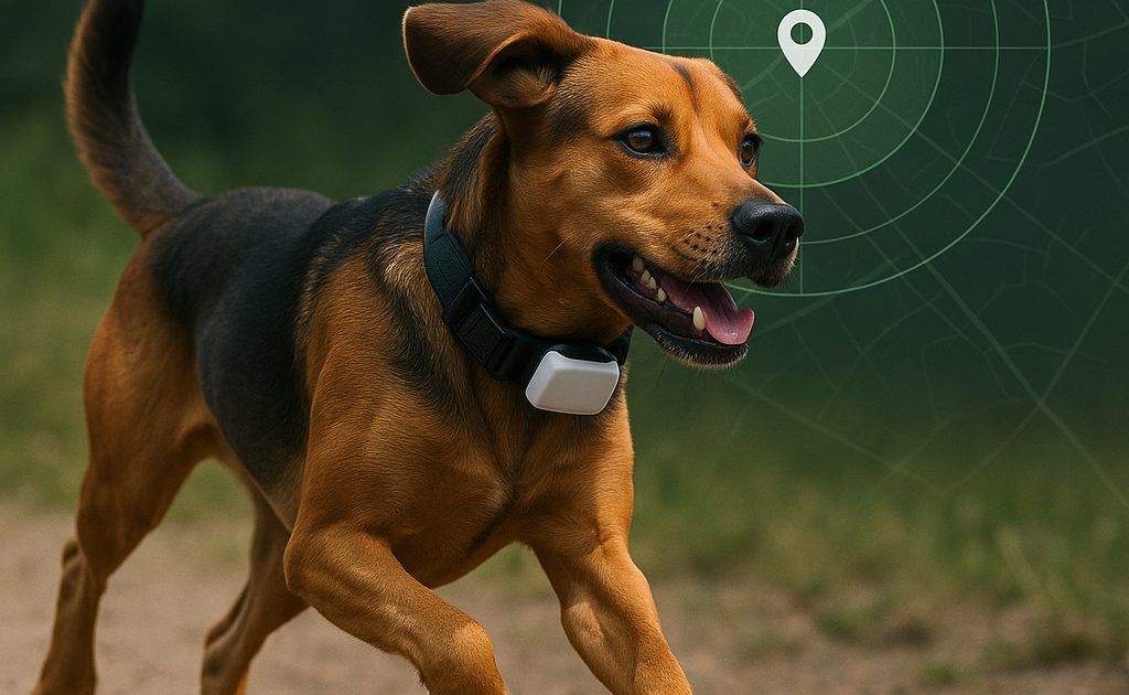 chien avec traceur gps au cou qui court