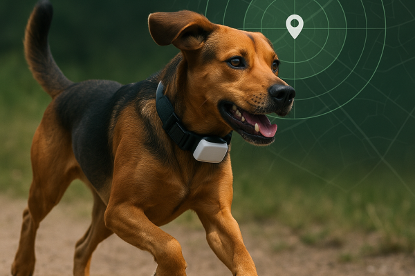 chien avec traceur gps au cou qui court