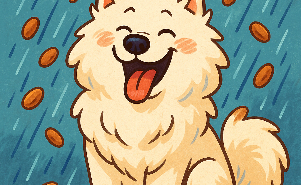 il pleut des croquettes sur un samoyede souriant