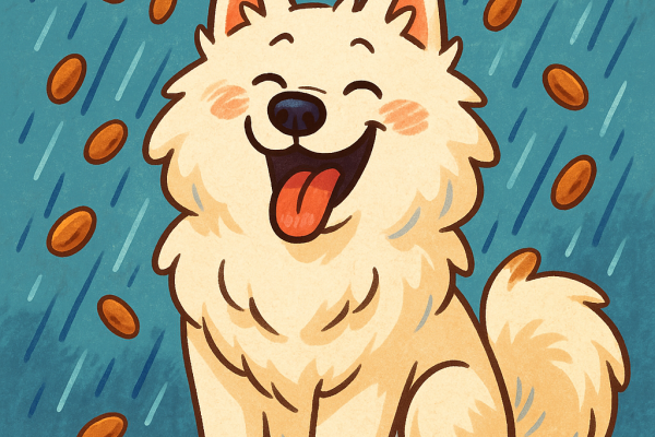 il pleut des croquettes sur un samoyede souriant