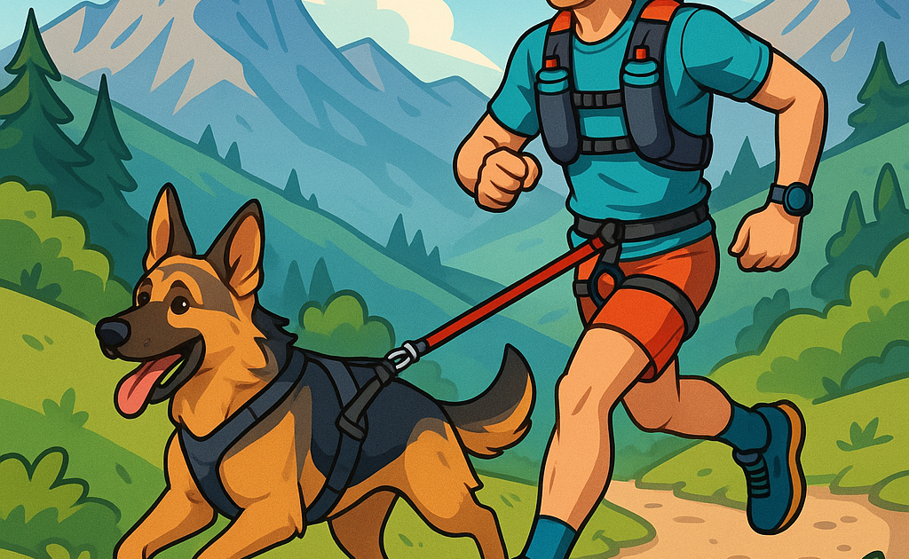 un berger allemand équipé d'un harnais qui fait du canicross attaché a la laisse de son maitre equipé en baudrier short casquette basket de trail sac hydratation montre gps dans la montagne