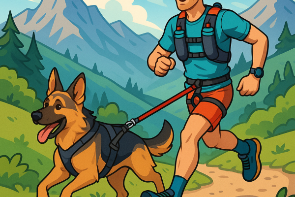 un berger allemand équipé d'un harnais qui fait du canicross attaché a la laisse de son maitre equipé en baudrier short casquette basket de trail sac hydratation montre gps dans la montagne