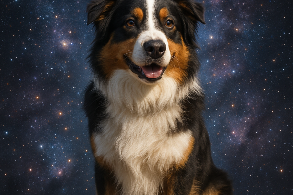 un berger australien assis juste derriere lui un fond de carte spacial dans la nuit