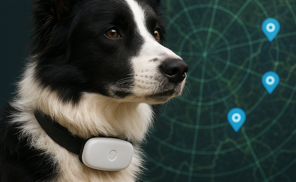 un border collie avec un traceur gps derriere lui en fond une carte radar avec des points de localisation