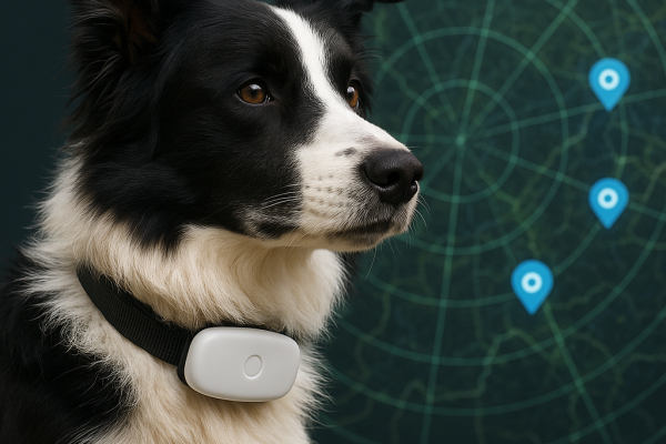 un border collie avec un traceur gps derriere lui en fond une carte radar avec des points de localisation