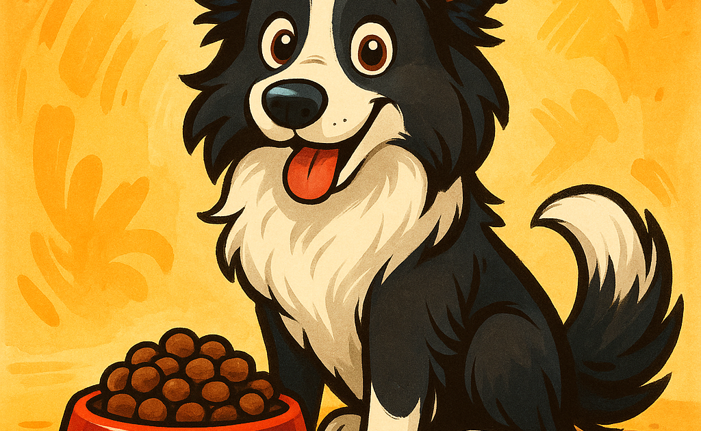 un border collie devant sa gamelle de croquettes