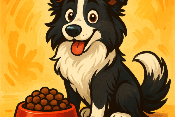 un border collie devant sa gamelle de croquettes