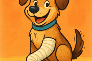 un chien a un bras dans le platre mais il est souriant