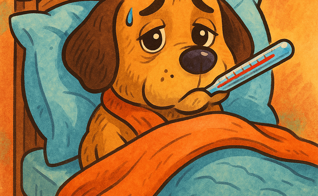 un chien a un thermometre dans la bouche et il est au lit car il est malade