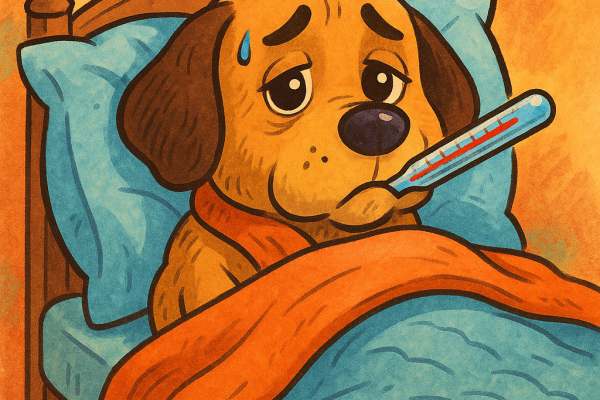 un chien a un thermometre dans la bouche et il est au lit car il est malade