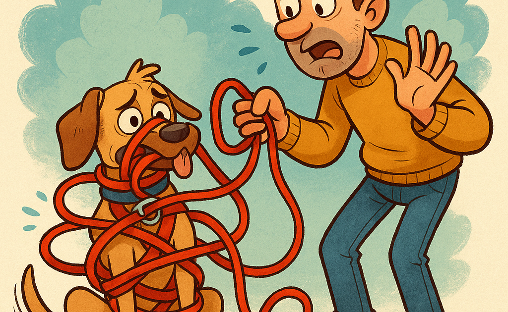 un chien qui est empétré dans son harnais et un maitre a coté qui a fait des erreurs