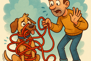 un chien qui est empétré dans son harnais et un maitre a coté qui a fait des erreurs