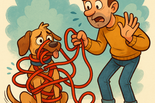 un chien qui est empétré dans son harnais et un maitre a coté qui a fait des erreurs