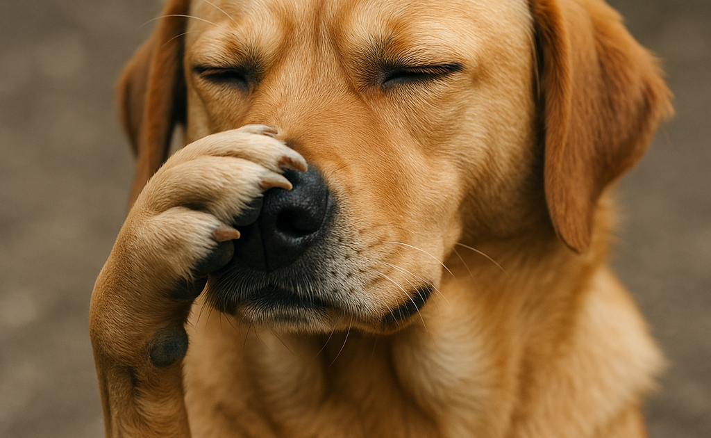un chien qui se bouche le nez car ca sent mauvais