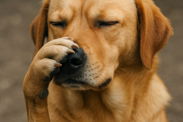 un chien qui se bouche le nez car ca sent mauvais