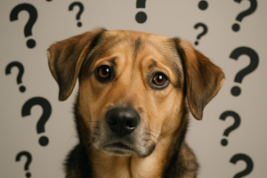 un chien qui se pose des questions avec plein de points d'interrogation autour