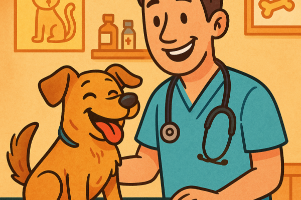 un chien souriant qui est chez la table du veterinaire souriant aussi