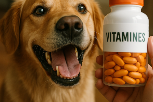 un chien super content qui voit une boite de vitamines