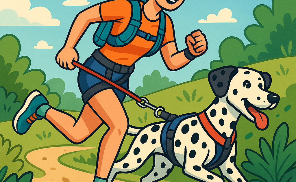 un dalmatien équipé d'un harnais qui fait du canicross attaché a la laisse de sa maitresse equipé en baudrier short casquette basket sac hydratation