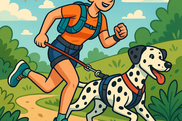 un dalmatien équipé d'un harnais qui fait du canicross attaché a la laisse de sa maitresse equipé en baudrier short casquette basket sac hydratation