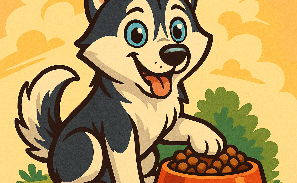 un husky met sa patte sur sa gamelle de croqttes