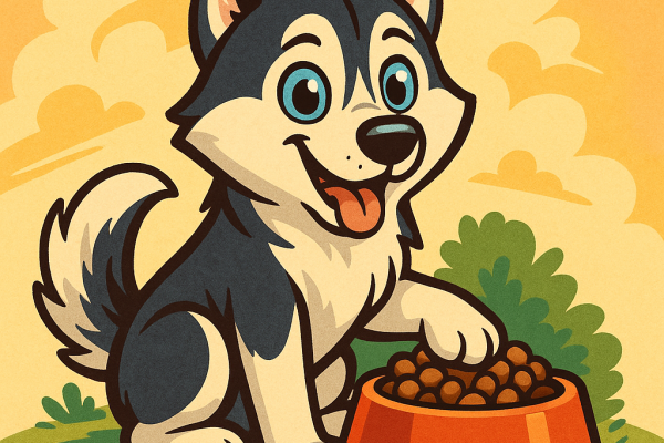 un husky met sa patte sur sa gamelle de croqttes