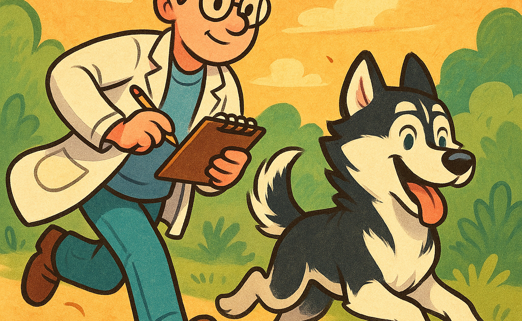 un husky qui court avec un veterinaire a coté