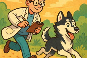 un husky qui court avec un veterinaire a coté