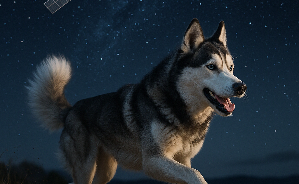 un husky qui court dans la nuit dans le ciel on voit un satellite