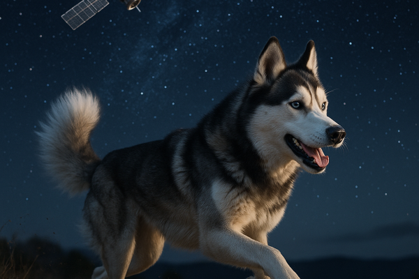 un husky qui court dans la nuit dans le ciel on voit un satellite