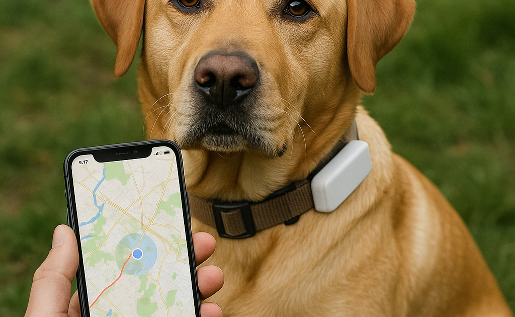 un labardor avec un traceur gps et un smartphone avec une appli de cartographie
