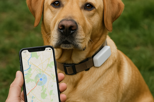 un labardor avec un traceur gps et un smartphone avec une appli de cartographie