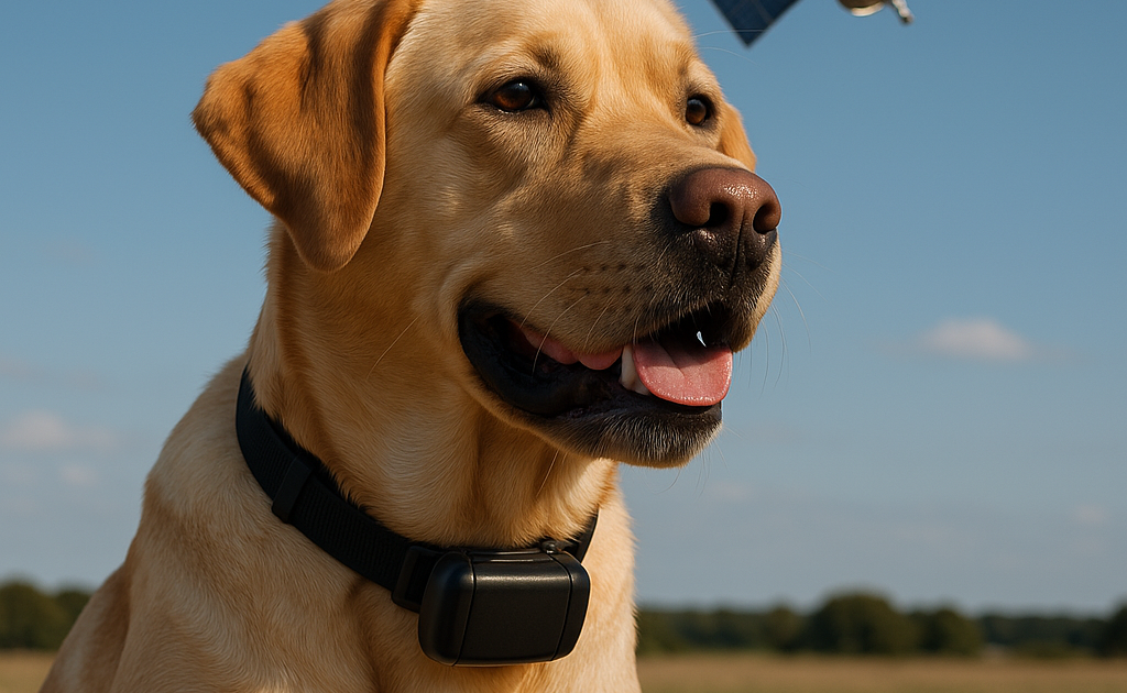 un labrador avec un traceur gps et un satellite dans le ciel