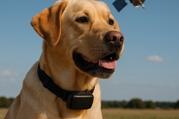 un labrador avec un traceur gps et un satellite dans le ciel