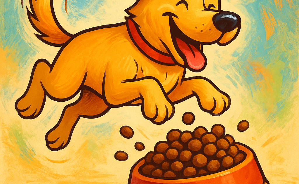 un labrador qui saute devant sa gamelle de croquettes