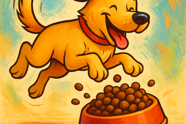 un labrador qui saute devant sa gamelle de croquettes