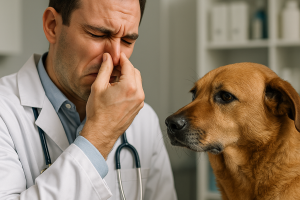 un veterinaire qui se bouche le nez car le chien sent mauvais