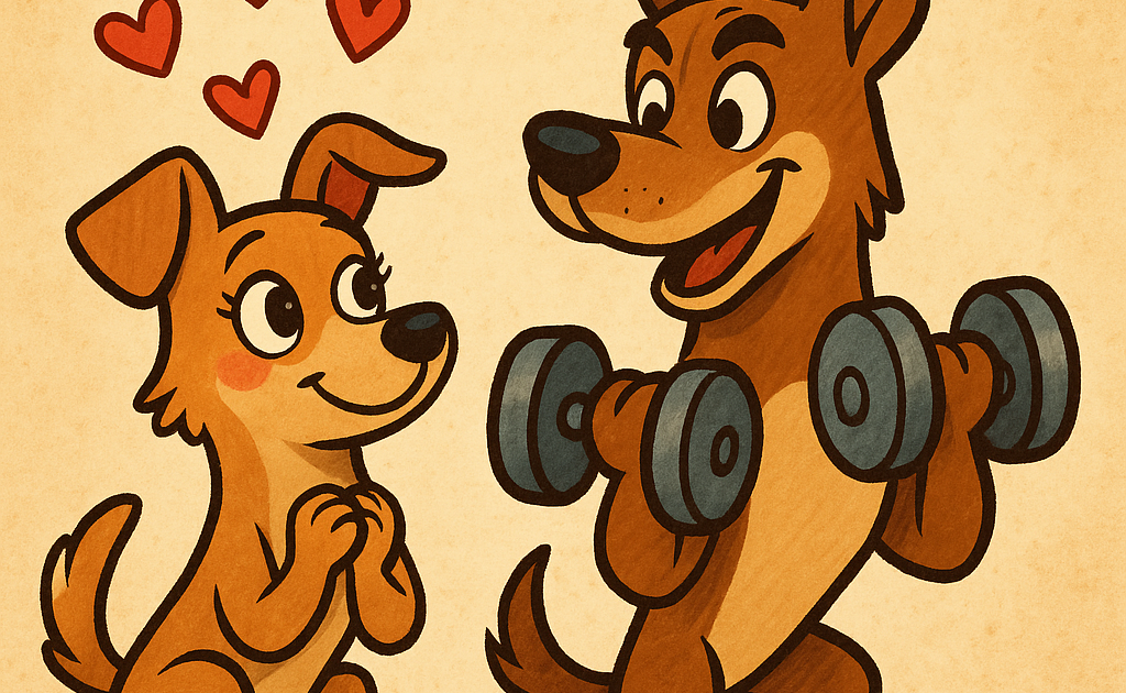 une chienne qui fait des coeurs qui regarde admirative un chien s'entrainer avec des halteres