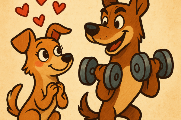 une chienne qui fait des coeurs qui regarde admirative un chien s'entrainer avec des halteres